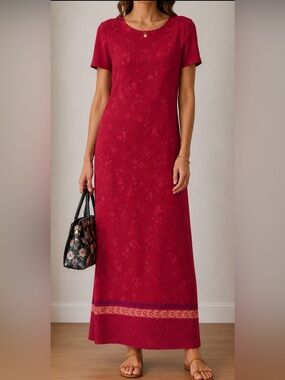 ❤️ Talbots Red Sheath Short Sleeve Floral Print Maxi Dress
